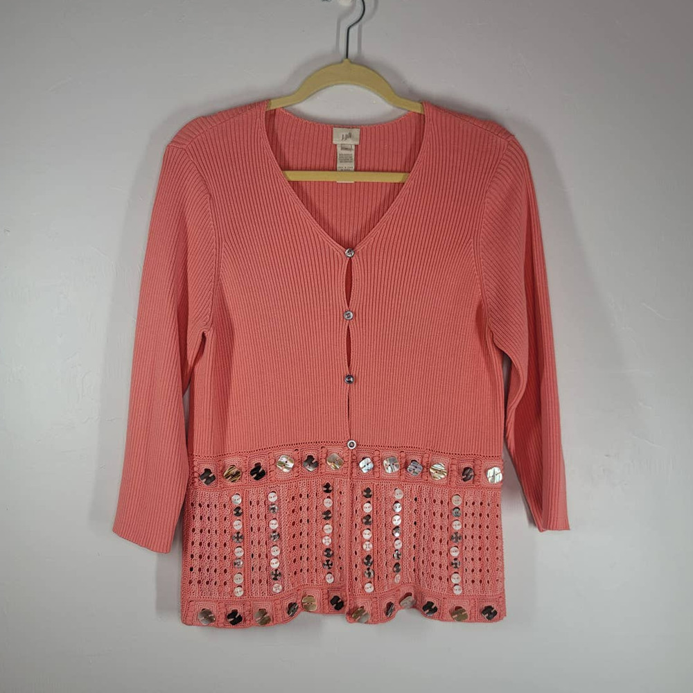 J. Jill Womens Button Accent Ribbed Knit 3/4 Sleeve Cardigan Sweater Pink Size M